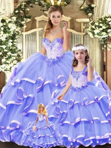 Lavender Ball Gowns Tulle Sweetheart Sleeveless Beading and Ruffled Layers Floor Length Lace Up Quinceanera Gown