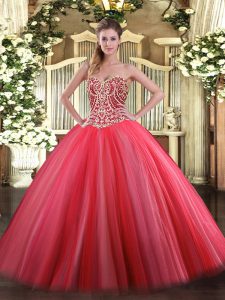 Sexy Coral Red Sleeveless Beading Floor Length 15 Quinceanera Dress