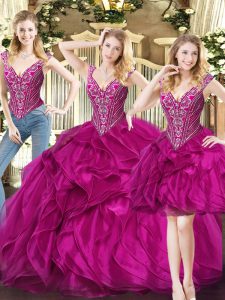 V-neck Sleeveless Lace Up Sweet 16 Dresses Fuchsia Organza