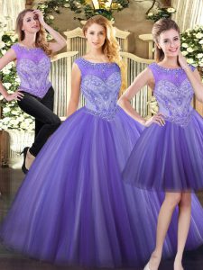 Delicate Scoop Sleeveless Vestidos de Quinceanera Floor Length Beading Lavender Tulle