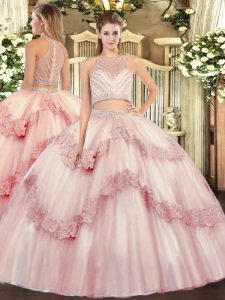 Spectacular Floor Length Baby Pink Sweet 16 Dresses Tulle Sleeveless Beading and Appliques