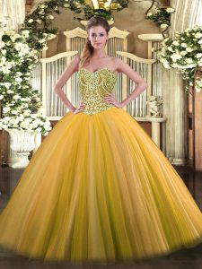 Gold Ball Gown Prom Dress Military Ball and Sweet 16 and Quinceanera with Beading Sweetheart Sleeveless Lace Up