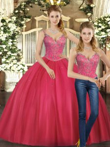 Fashion Straps Sleeveless Vestidos de Quinceanera Floor Length Beading Hot Pink Tulle