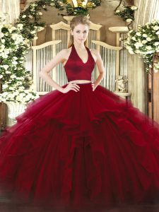 Glittering Sleeveless Floor Length Ruffles Zipper Quinceanera Dresses with Wine Red