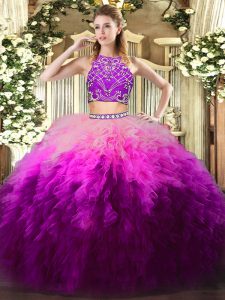 Sexy Sleeveless Floor Length Beading and Ruffles Zipper Sweet 16 Quinceanera Dress with Multi-color
