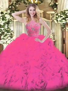 Exquisite Hot Pink Sleeveless Beading and Ruffles Floor Length Quinceanera Dresses