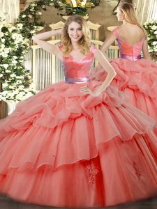 Shining Sleeveless Organza Floor Length Zipper Sweet 16 Dress in Watermelon Red with Ruffled Layers