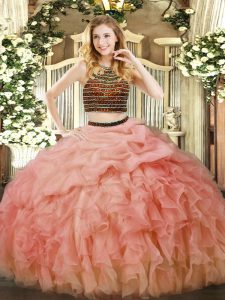 Top Selling Halter Top Sleeveless 15th Birthday Dress Floor Length Beading and Ruffles Baby Pink Organza