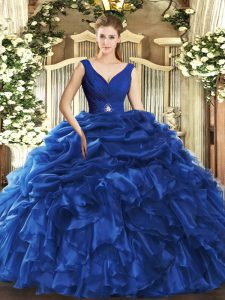 Colorful Blue Ball Gowns Organza V-neck Sleeveless Beading and Ruffles Floor Length Backless Sweet 16 Quinceanera Dress