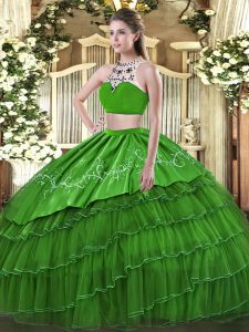Hot Sale Floor Length Backless Quince Ball Gowns Green for Military Ball and Sweet 16 and Quinceanera with Beading and Embroidery and Ruffles