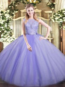Fashion Lavender Ball Gowns Scoop Sleeveless Tulle Floor Length Backless Lace Quinceanera Dresses
