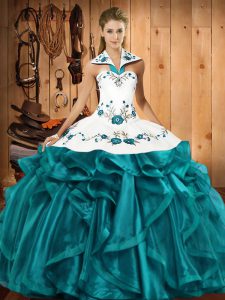 Teal Ball Gowns Embroidery and Ruffles Quinceanera Dress Lace Up Satin and Organza Sleeveless Floor Length
