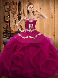 Artistic Fuchsia Ball Gown Prom Dress Military Ball and Sweet 16 and Quinceanera with Embroidery and Ruffles Sweetheart Sleeveless Lace Up