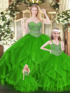 Modest Sleeveless Organza Floor Length Zipper Quinceanera Dresses in Green with Beading and Ruffles