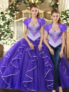 Beauteous Purple Sleeveless Beading and Ruffles Floor Length Ball Gown Prom Dress