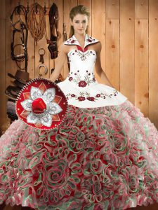Fashionable Halter Top Sleeveless Sweep Train Lace Up Sweet 16 Quinceanera Dress Multi-color Fabric With Rolling Flowers