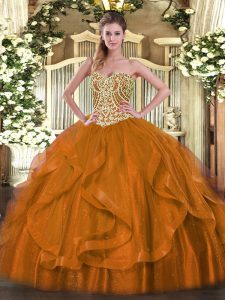 Free and Easy Organza Sweetheart Sleeveless Lace Up Beading and Ruffles Quince Ball Gowns in Rust Red