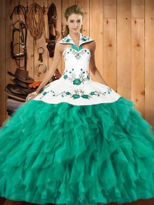 Turquoise Sleeveless Satin and Organza Lace Up Quinceanera Dress for Military Ball and Sweet 16 and Quinceanera