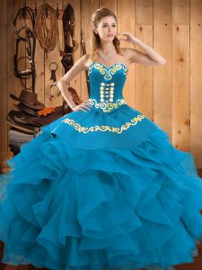 Flirting Teal Satin and Organza Lace Up 15th Birthday Dress Sleeveless Floor Length Embroidery and Ruffles