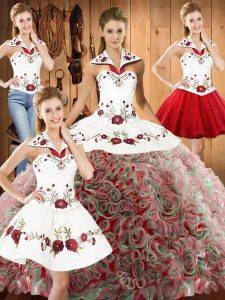 Modern Multi-color Fabric With Rolling Flowers Lace Up 15 Quinceanera Dress Sleeveless Sweep Train Embroidery