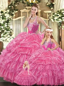 Rose Pink Tulle Lace Up Ball Gown Prom Dress Sleeveless Floor Length Ruffles and Pick Ups