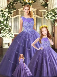 Captivating Lavender Ball Gowns Tulle Scoop Sleeveless Beading Floor Length Lace Up Vestidos de Quinceanera