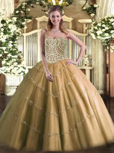 Glamorous Sweetheart Sleeveless 15th Birthday Dress Floor Length Beading Brown Tulle