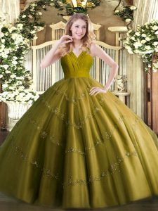 Delicate Sleeveless Tulle Floor Length Zipper Quince Ball Gowns in Olive Green with Beading