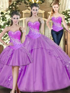 Lilac Ball Gowns Tulle Sweetheart Sleeveless Beading Floor Length Lace Up 15th Birthday Dress