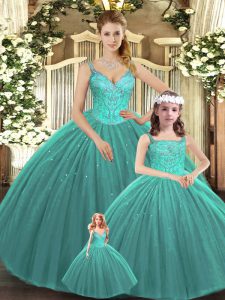 Noble Straps Sleeveless Lace Up Quince Ball Gowns Turquoise Tulle