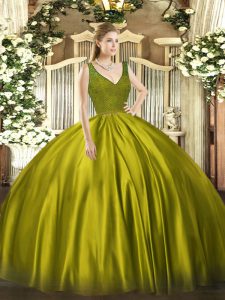 Fashion Olive Green V-neck Neckline Beading and Lace Quinceanera Dresses Sleeveless Backless