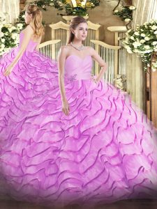 Customized Lilac Lace Up Vestidos de Quinceanera Beading and Ruffled Layers Sleeveless Brush Train