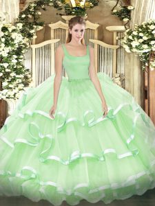 Apple Green Ball Gowns Organza Straps Sleeveless Beading and Ruffled Layers Floor Length Zipper 15th Birthday Dress