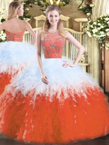 Top Selling Multi-color Tulle Zipper Halter Top Sleeveless Floor Length Quince Ball Gowns Beading and Ruffles