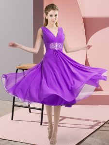 Exceptional Purple Chiffon Side Zipper V-neck Sleeveless Knee Length Dama Dress Beading