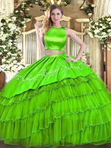 Tulle Criss Cross High-neck Sleeveless Floor Length Sweet 16 Quinceanera Dress Embroidery and Ruffled Layers