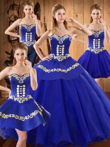 Blue Ball Gowns Sweetheart Sleeveless Tulle Floor Length Lace Up Embroidery Quinceanera Gowns