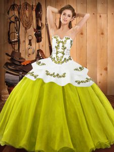 Stunning Yellow Green Ball Gowns Strapless Sleeveless Satin and Organza Floor Length Lace Up Embroidery Sweet 16 Dresses