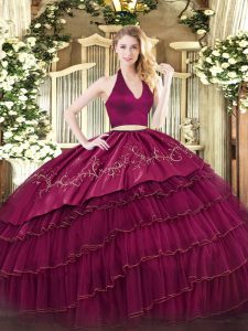 Perfect Burgundy Organza and Taffeta Zipper 15th Birthday Dress Sleeveless Floor Length Embroidery and Ruffled Layers