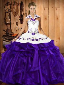 Cute Organza Halter Top Sleeveless Lace Up Embroidery and Ruffled Layers Sweet 16 Dresses in Purple