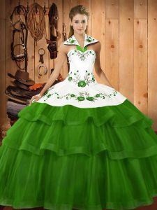 Embroidery and Ruffled Layers Sweet 16 Dresses Green Lace Up Sleeveless Sweep Train