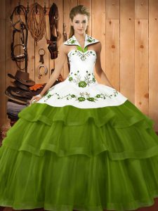 Luxurious Halter Top Sleeveless Sweet 16 Dresses Sweep Train Embroidery and Ruffled Layers Olive Green Organza
