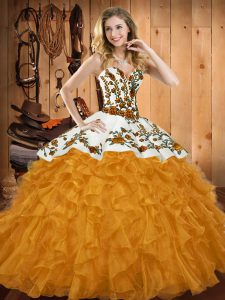 Pretty Floor Length Gold Sweet 16 Dress Satin and Organza Sleeveless Embroidery and Ruffles