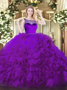 Scoop Sleeveless Quinceanera Dress Floor Length Beading Eggplant Purple Fabric With Rolling Flowers