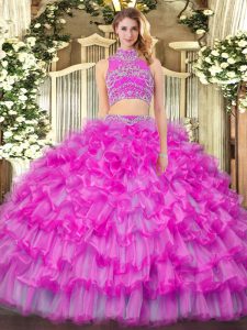 Custom Fit Lilac Backless High-neck Beading and Ruffled Layers Ball Gown Prom Dress Tulle Sleeveless