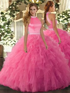 Hot Pink Ball Gowns Organza Halter Top Sleeveless Beading and Ruffles Floor Length Backless Ball Gown Prom Dress
