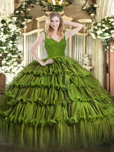 Delicate Olive Green Ball Gowns V-neck Sleeveless Organza Floor Length Backless Beading and Lace and Ruffled Layers Quinceanera Gown