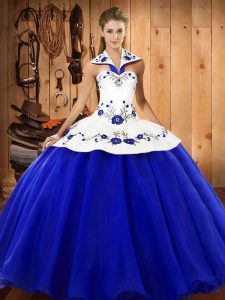 Halter Top Sleeveless 15 Quinceanera Dress Floor Length Embroidery Blue And White Satin and Tulle