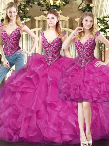 Floor Length Fuchsia Sweet 16 Dress V-neck Sleeveless Lace Up
