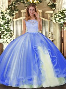 Artistic Floor Length Clasp Handle Quince Ball Gowns Blue for Military Ball and Sweet 16 and Quinceanera with Lace and Ruffles